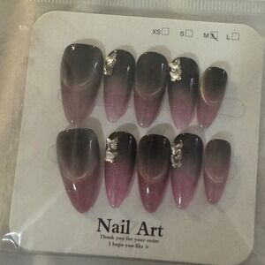 Press On Nails Ombre Black‎ Pink Almond Silver Flakes Fake Nails